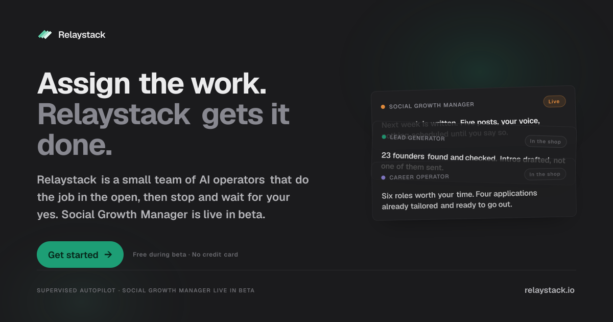 Relaystack product page describing AI operators that execute work